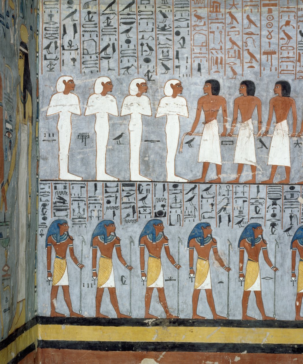 Momias y figuras masculinas, detalle de frescos en la cámara funeraria de la Tumba de Ramsés I, Valle de los Reyes, Luxor, Tebas (Lista del Patrimonio Mundial de la Unesco) de Egyptian 19th Dynasty