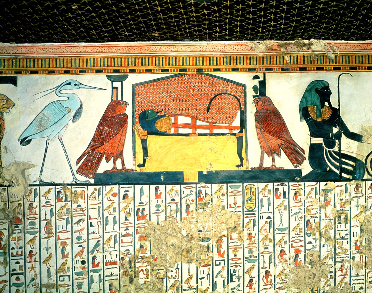 Momia en una cama funeraria con varias divinidades, de la Tumba de Nefertari, Nuevo Reino (pintura mural) de Egyptian 19th Dynasty