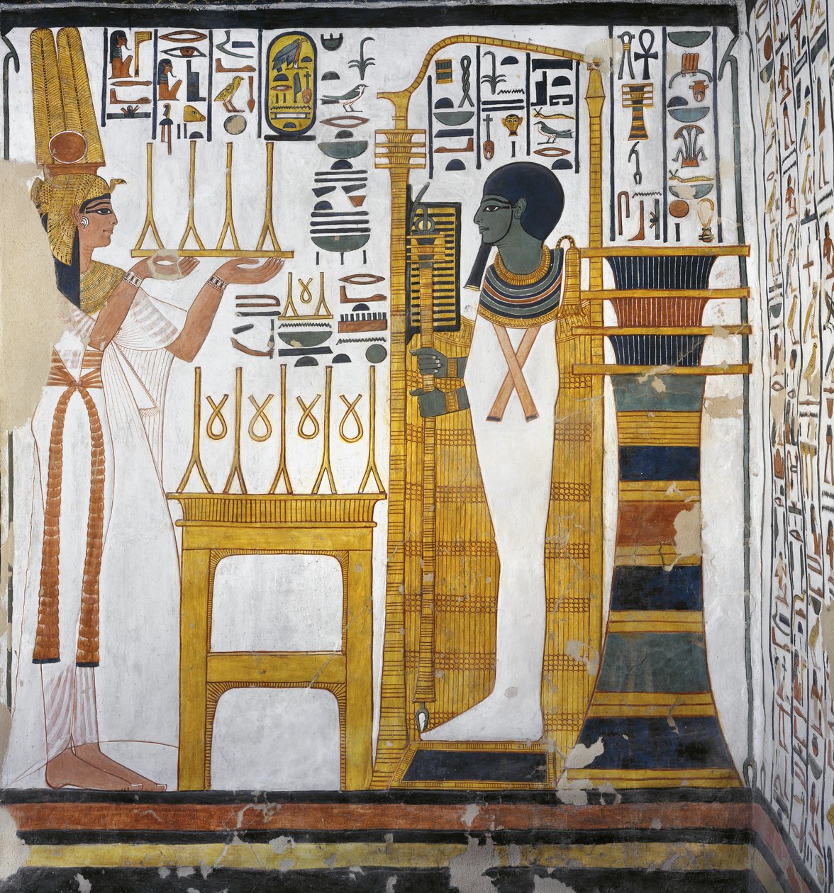 Nefertari haciendo una ofrenda de lino a Ptah, detalle de la pared oeste del Anexo Oriental de la Tumba de Nefertari (pintura mural) de Egyptian 19th Dynasty