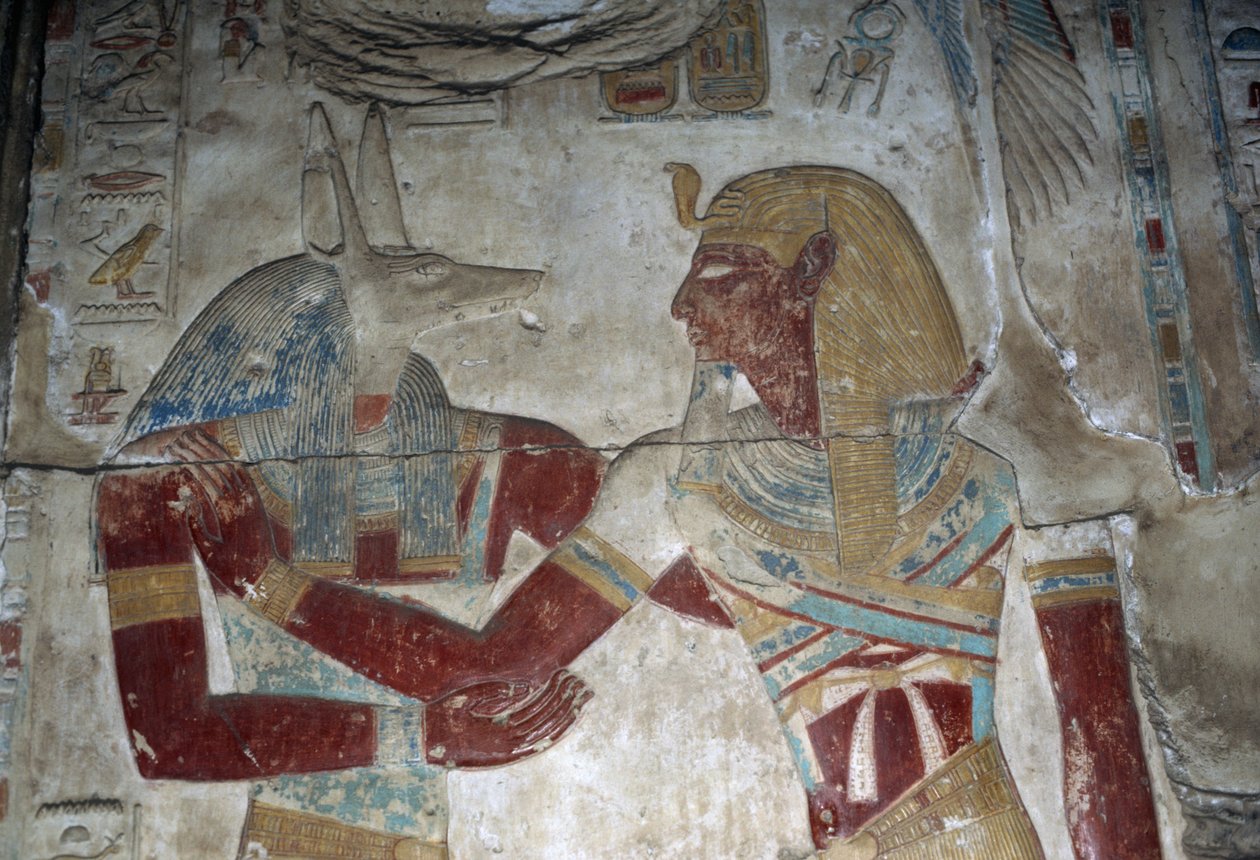 Relieve pintado que representa al faraón y al dios Anubis, capilla de Osiris, Templo de Seti I de Egyptian 19th Dynasty
