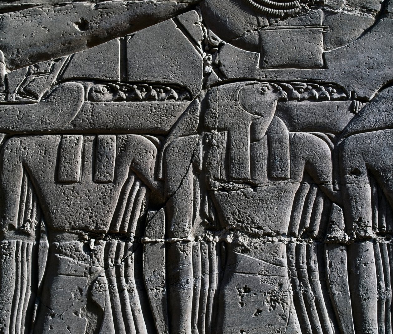 Sacerdote con máscara de halcón, detalle de la escena que representa a Ramsés II delante de la barca sagrada, relieve, paredes interiores de la Gran Sala Hipóstila, complejo del templo de Karnak (Lista del Patrimonio Mundial de la Unesco de Egyptian 19th Dynasty