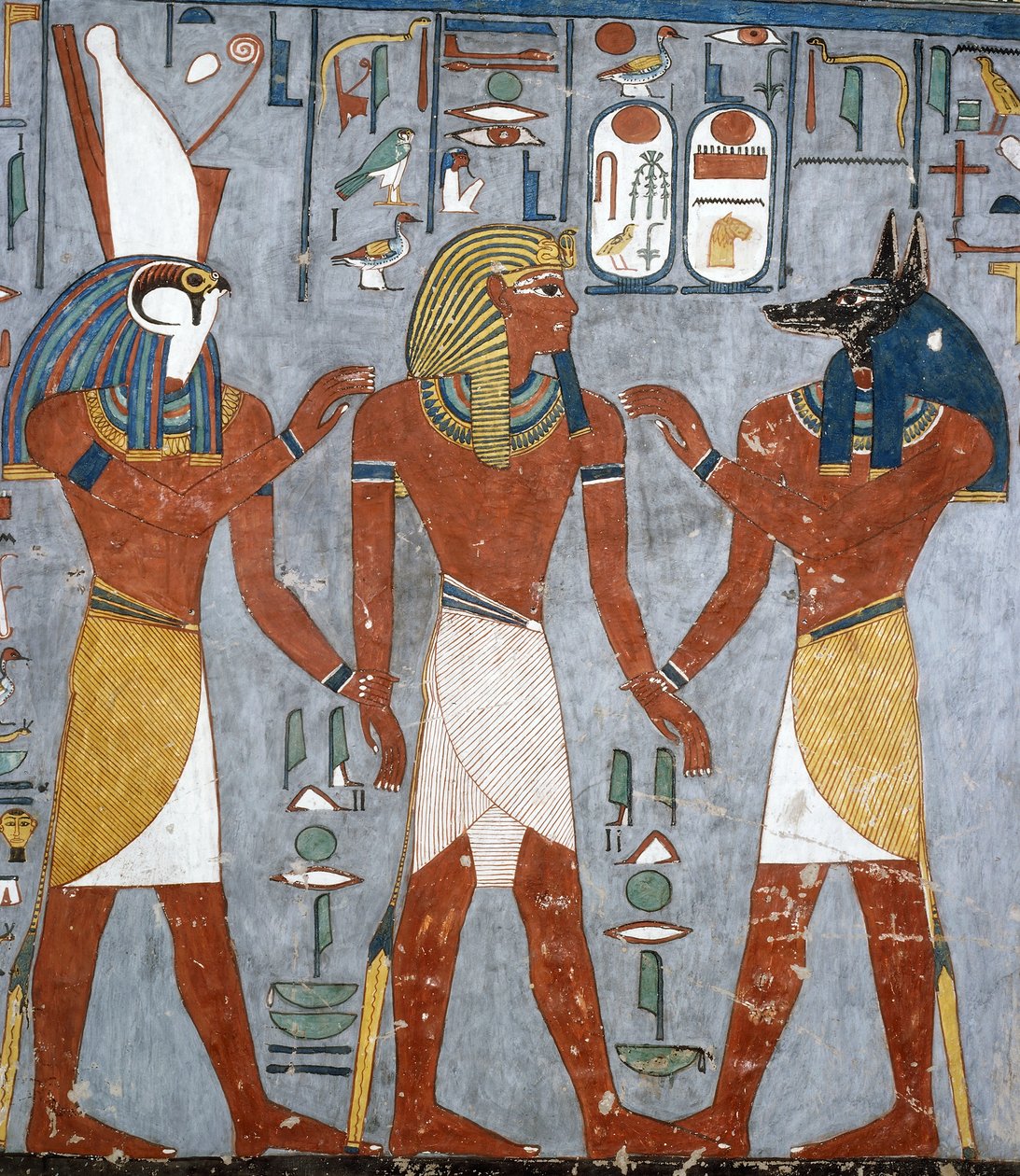 Ramsés I entre Horus y Anubis, fresco, cámara funeraria, Tumba de Ramsés I (KV16), Valle de los Reyes, Tebas (Lista del Patrimonio Mundial de la Unesco) de Egyptian 19th Dynasty