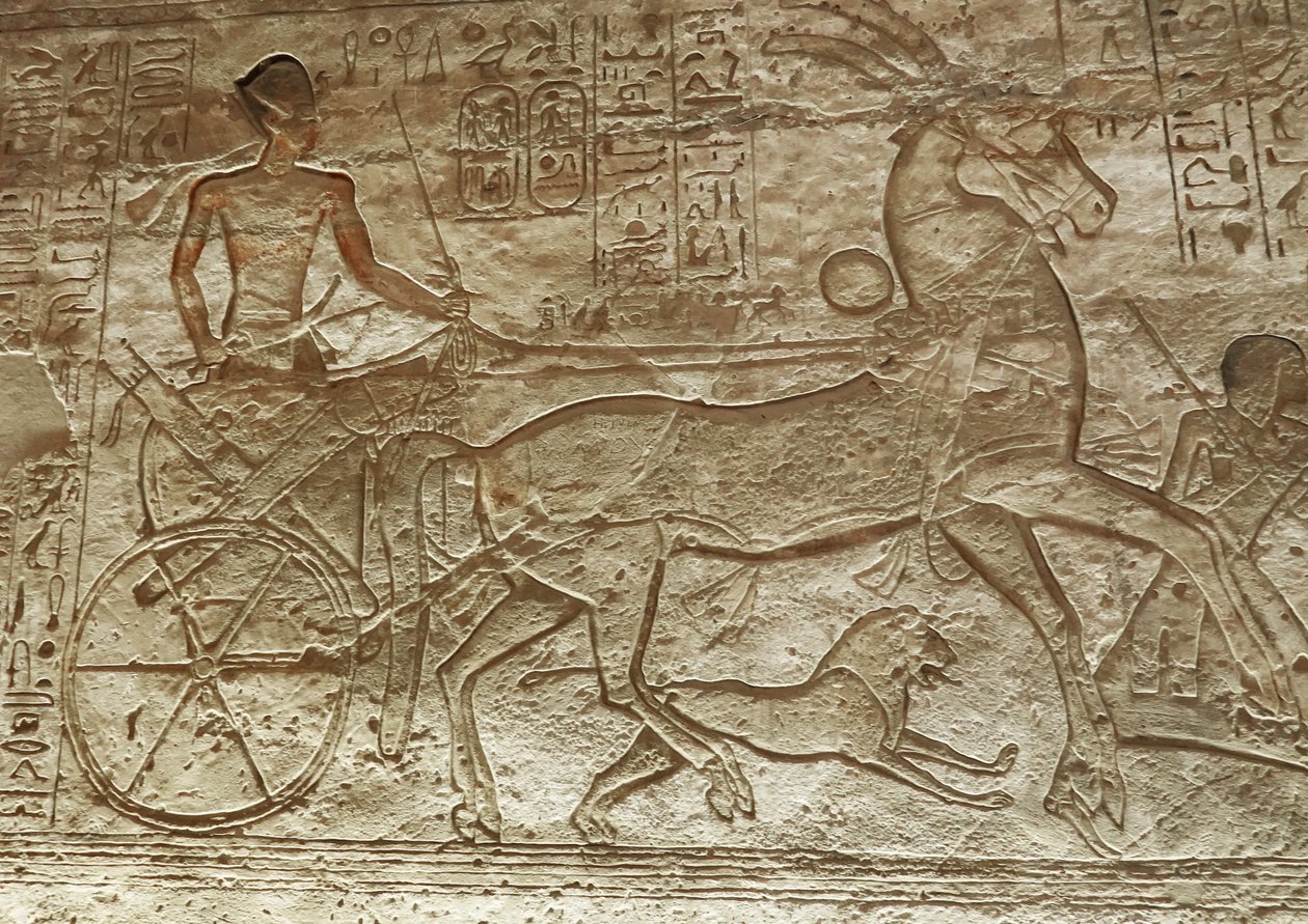 Ramsés II en su carro, gran templo de Abu Simbel (relieve) de Egyptian 19th Dynasty