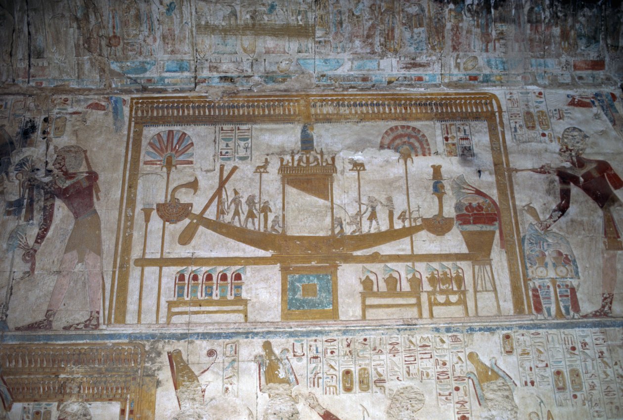 Barca sagrada, bajorrelieve, capilla de Osiris, Templo de Seti I de Egyptian 19th Dynasty
