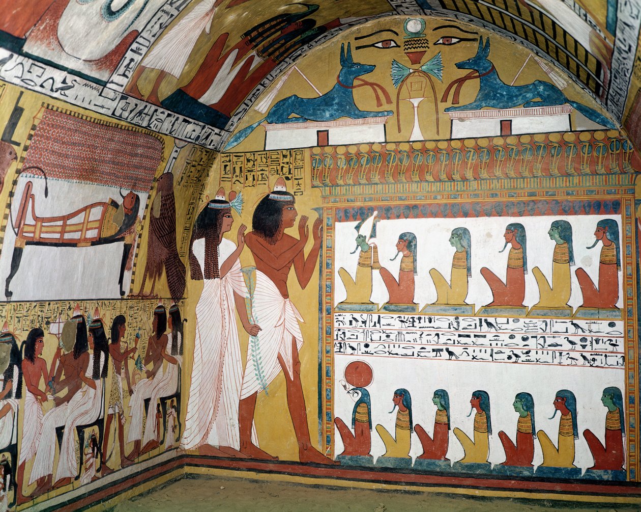 Sennedjem y su esposa frente a un naos con doce divinidades, de la pared oeste de la Tumba de Sennedjem, La Aldea de los Trabajadores, Reino Nuevo de Egyptian 19th Dynasty