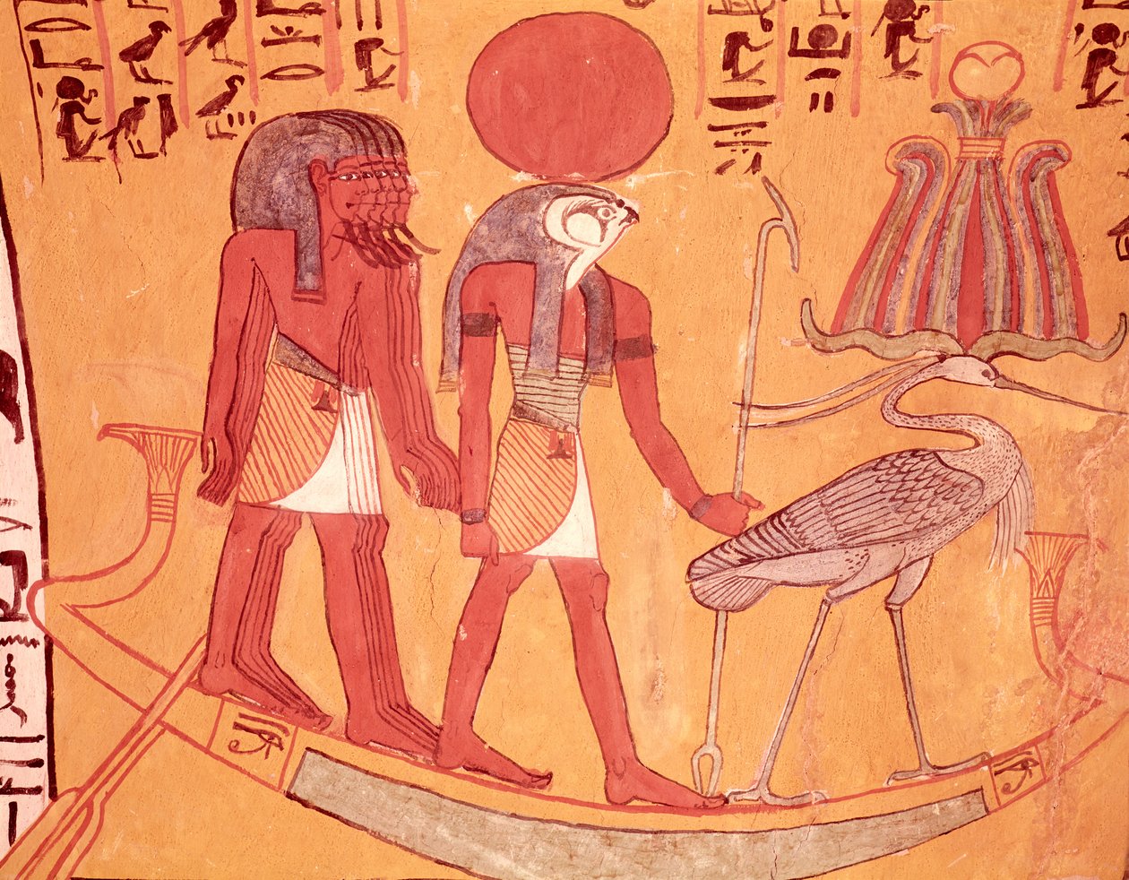 Barca solar con Re-Horakhty, el pájaro benu y otros cuatro dioses, de la Tumba de Sennedjem, Pueblo de los Trabajadores, Nuevo Reino de Egyptian 19th Dynasty