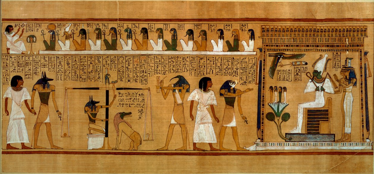 El pesaje del corazón contra la pluma de la verdad de Maat, del Libro de los Muertos del escriba real Hunefer, Reino Nuevo, c.1275 a.C. de Egyptian 19th Dynasty