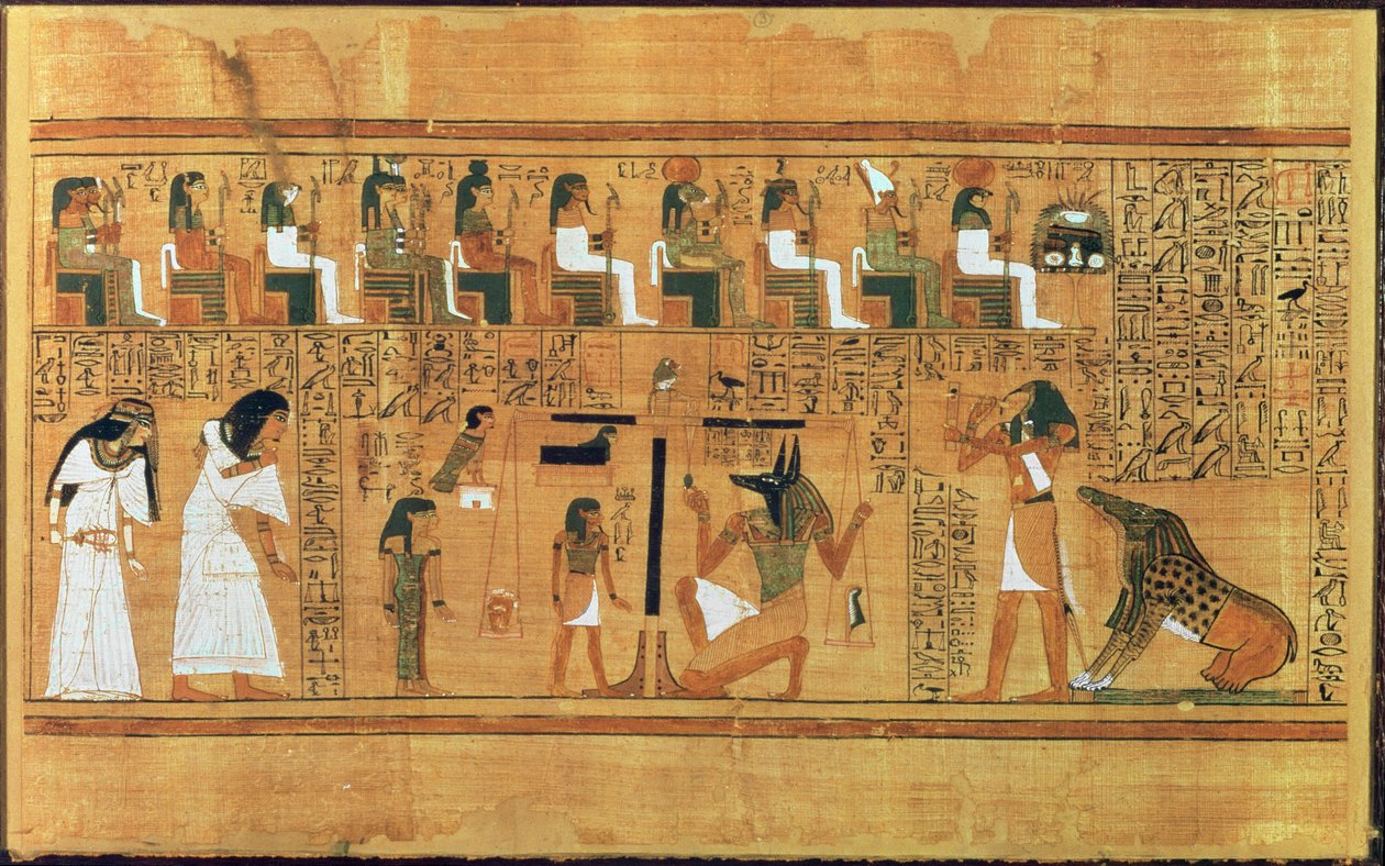 El Pesaje del Corazón contra la Pluma de la Verdad, del Libro de los Muertos del Escriba Any, c.1250 a.C. de Egyptian 19th Dynasty