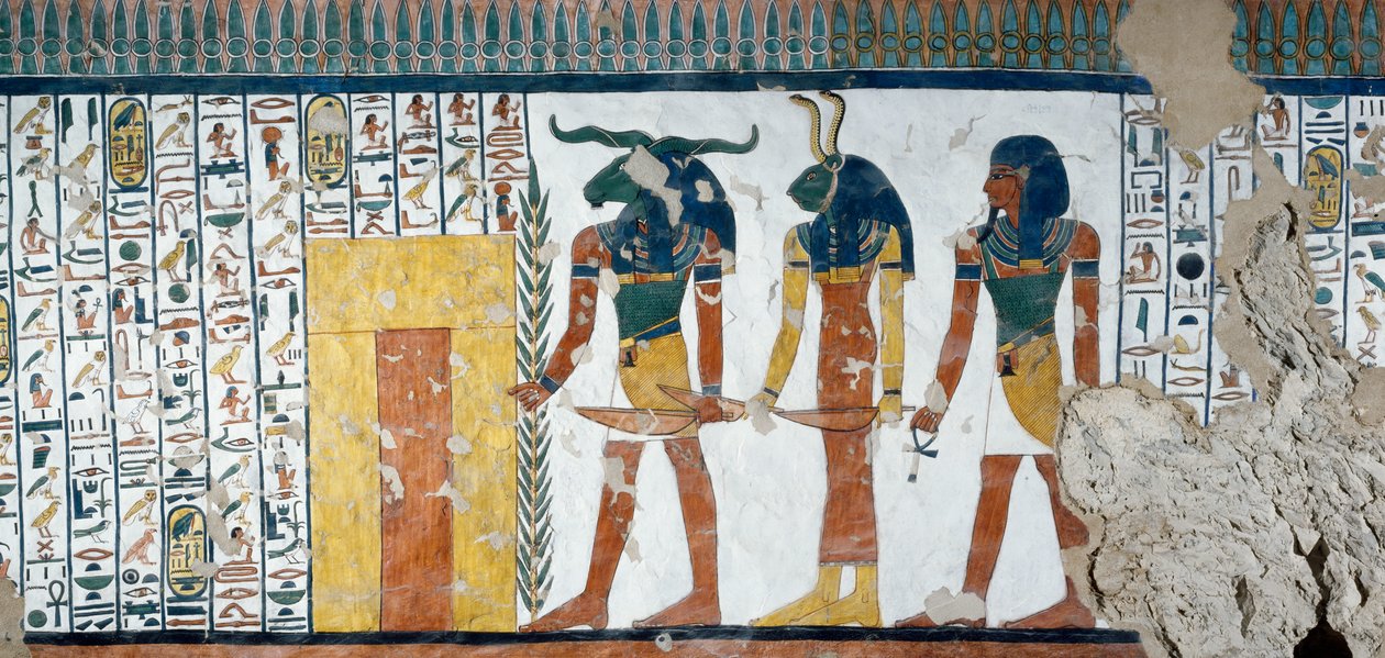 Los tres genios guardando la Segunda Puerta del Reino de Osiris, Libro de los Muertos, Capítulo 144, detalle de los frescos en la cámara funeraria de Nefertari, Valle de las Reinas, Luxor, Tebas. Civilización egipcia, Nuevo Reino, Dinastía XIX. de Egyptian 19th Dynasty