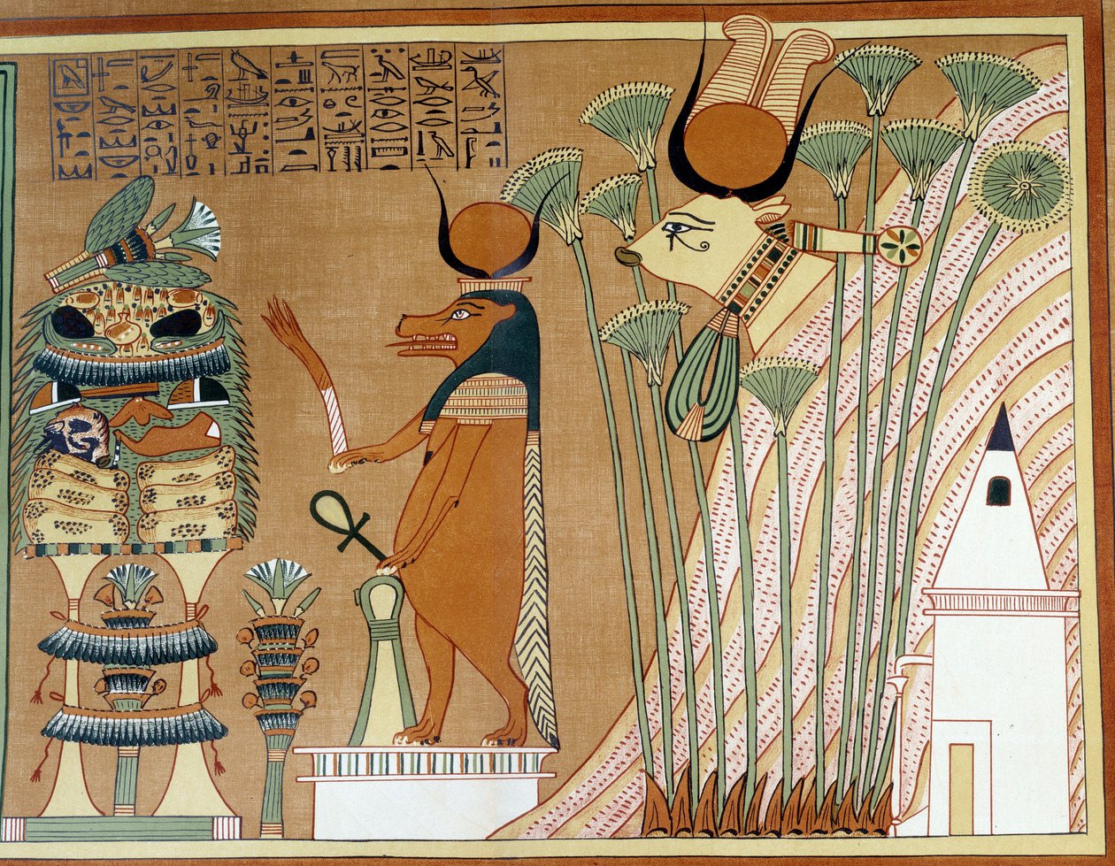 Thoueris y Hathor en el papiro. College es similar al papiro de Ani, de Tebas de Egyptian 19th Dynasty