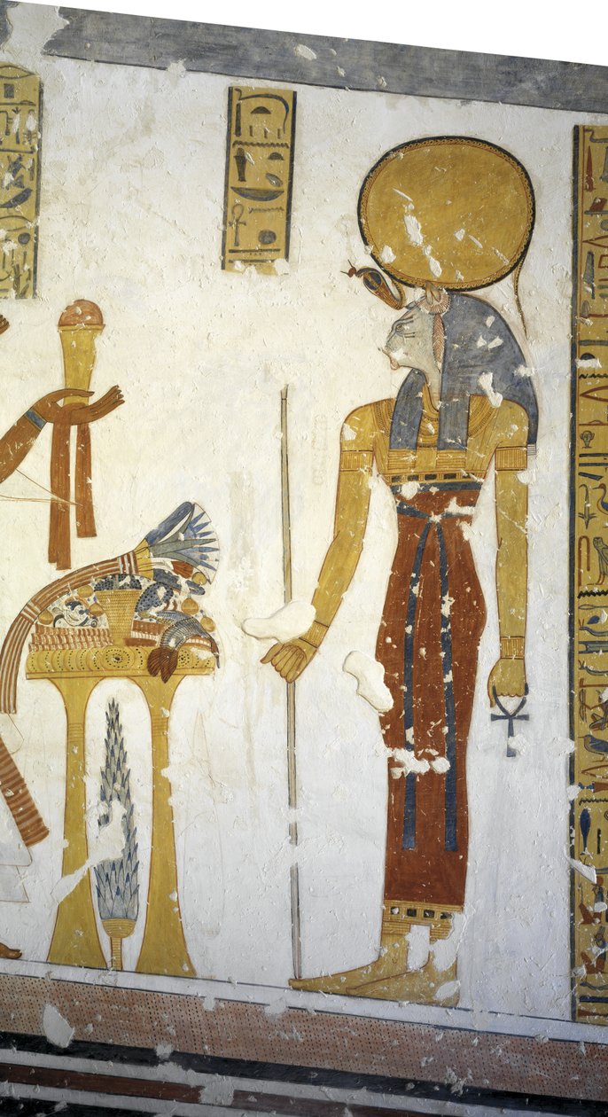 Tumba del príncipe Mentuherkhepeshef, pintura mural de la diosa Bastet con cabeza de gato, dinastía XX de Egyptian 20th Dynasty