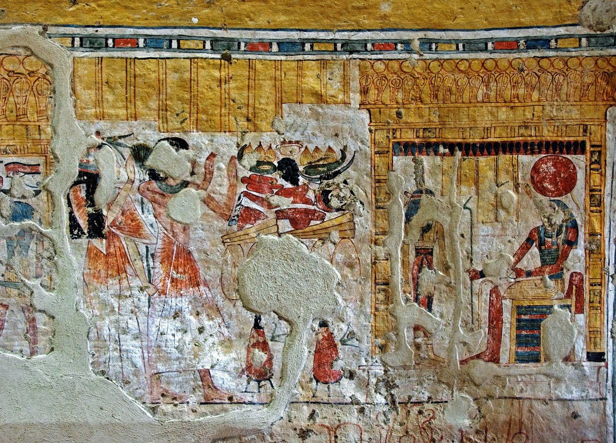 Antigüedad egipcia: representación de Shuroy y su esposa adorando a las deidades. Pintura de la Tumba de Shuroy (TT13). Dinastía 20. 1190-1077 a.C. Necrópolis de Dra Abu el-Naga, Ribera Oeste de Luxor, Egipto de Egyptian 20th Dynasty