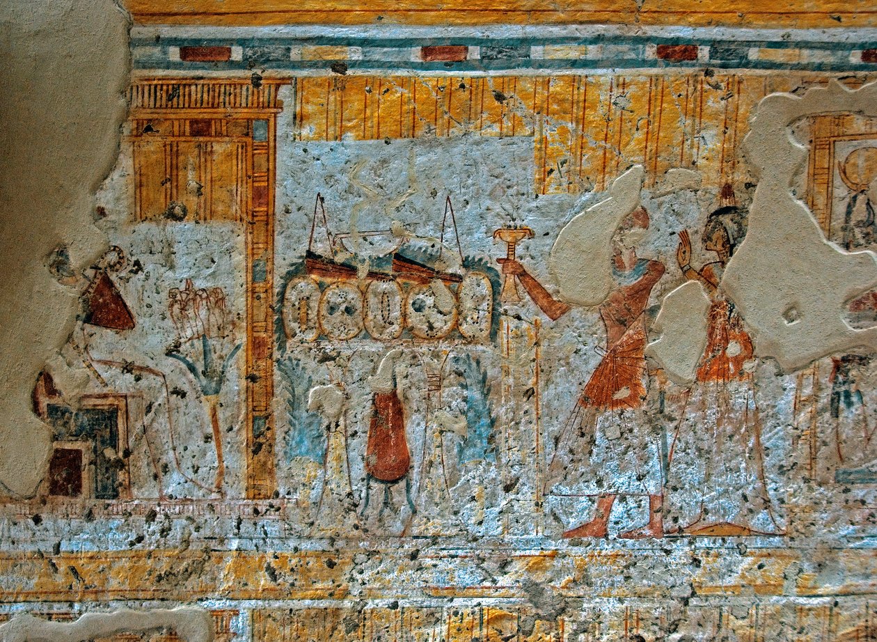 Antigüedad egipcia: representación de Shuroy y su esposa adorando al dios Osiris sentado frente a los cuatro hijos de Horus en una hoja de papiro. Pintura de la Tumba de Shuroy (TT13). Dinastía XX. 1190-1077 a.C. Necrópolis de Dra Abu el-Naga, orilla occid de Egyptian 20th Dynasty