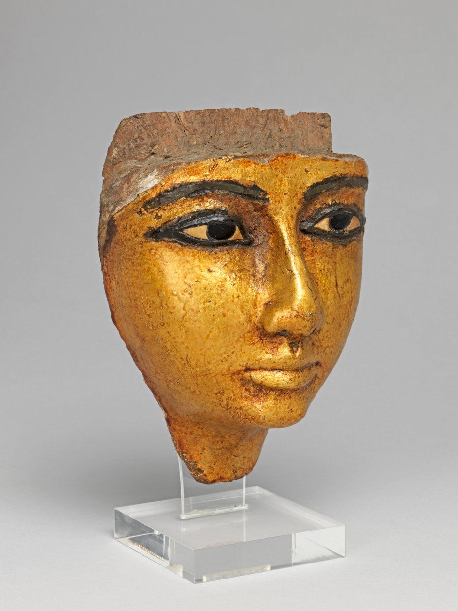 Rostro de un ataúd, con ojos y cejas incrustados, dorado de Egyptian 20th Dynasty
