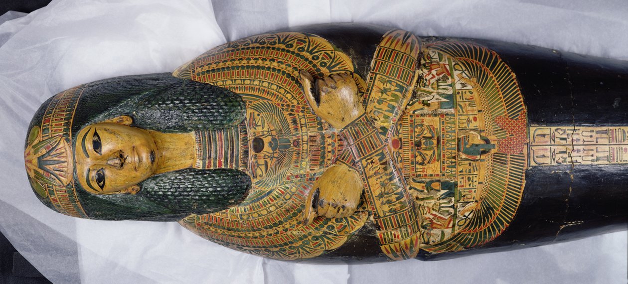 Tapa interior de la momia de Nesyamun, posiblemente encontrado en Deir El-Bahri, Nuevo Reino, c.1100 a.C. (detalle) de Egyptian 20th Dynasty