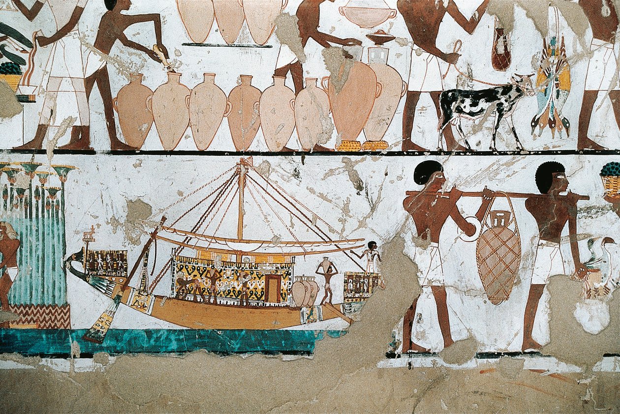 Pintura mural que representa una escena de transporte de vino en barco, del Reino Nuevo de Egyptian 20th Dynasty