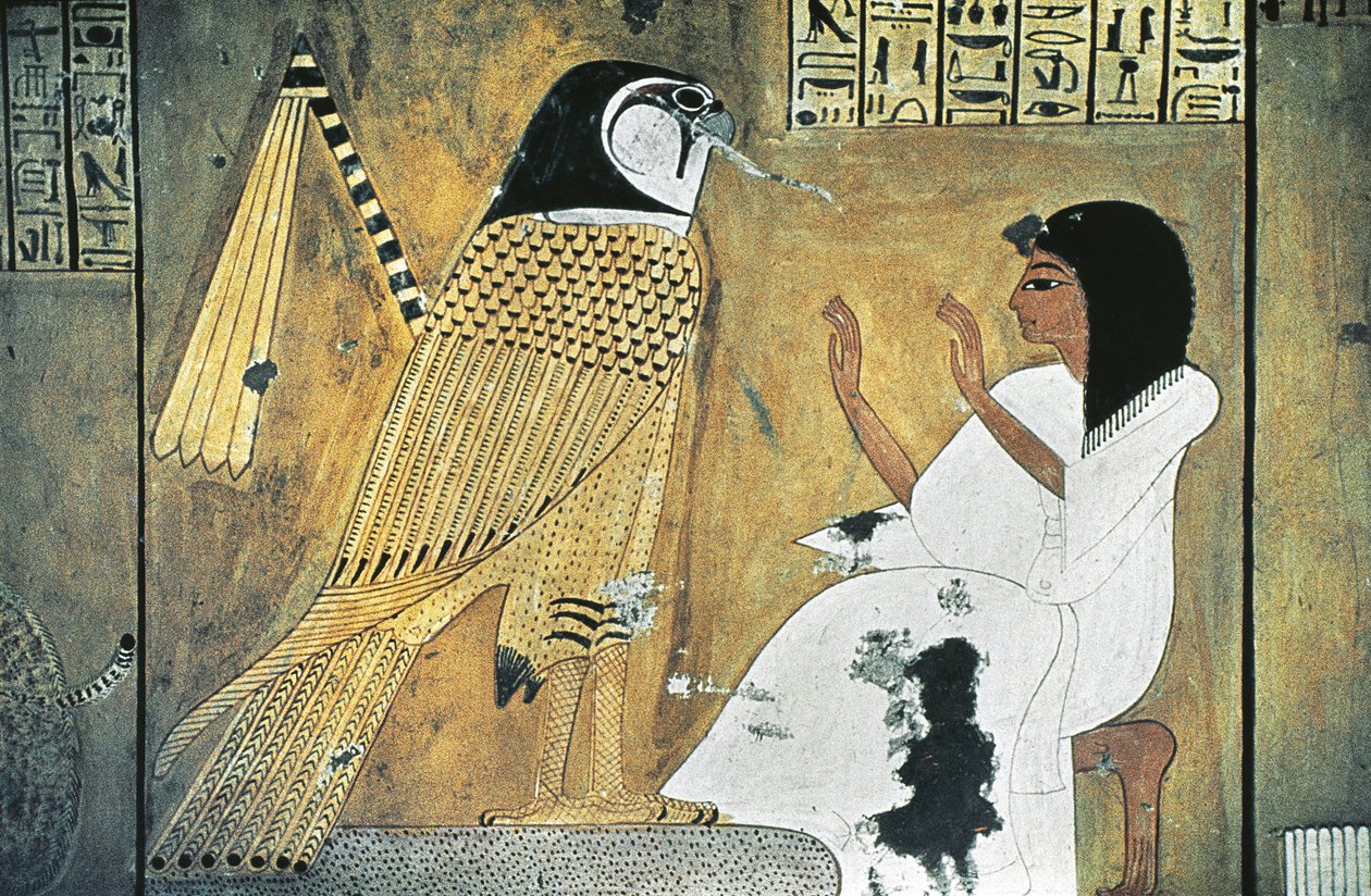 Pintura mural de una escena del Libro de los Muertos, transformación en Halcón Dorado de Egyptian 20th Dynasty