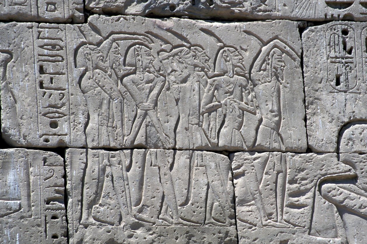 Relieve que representa prisioneros del norte en la batalla de Ramsés III, Gran Templo de Medinet de Egyptian 20th Dynasty