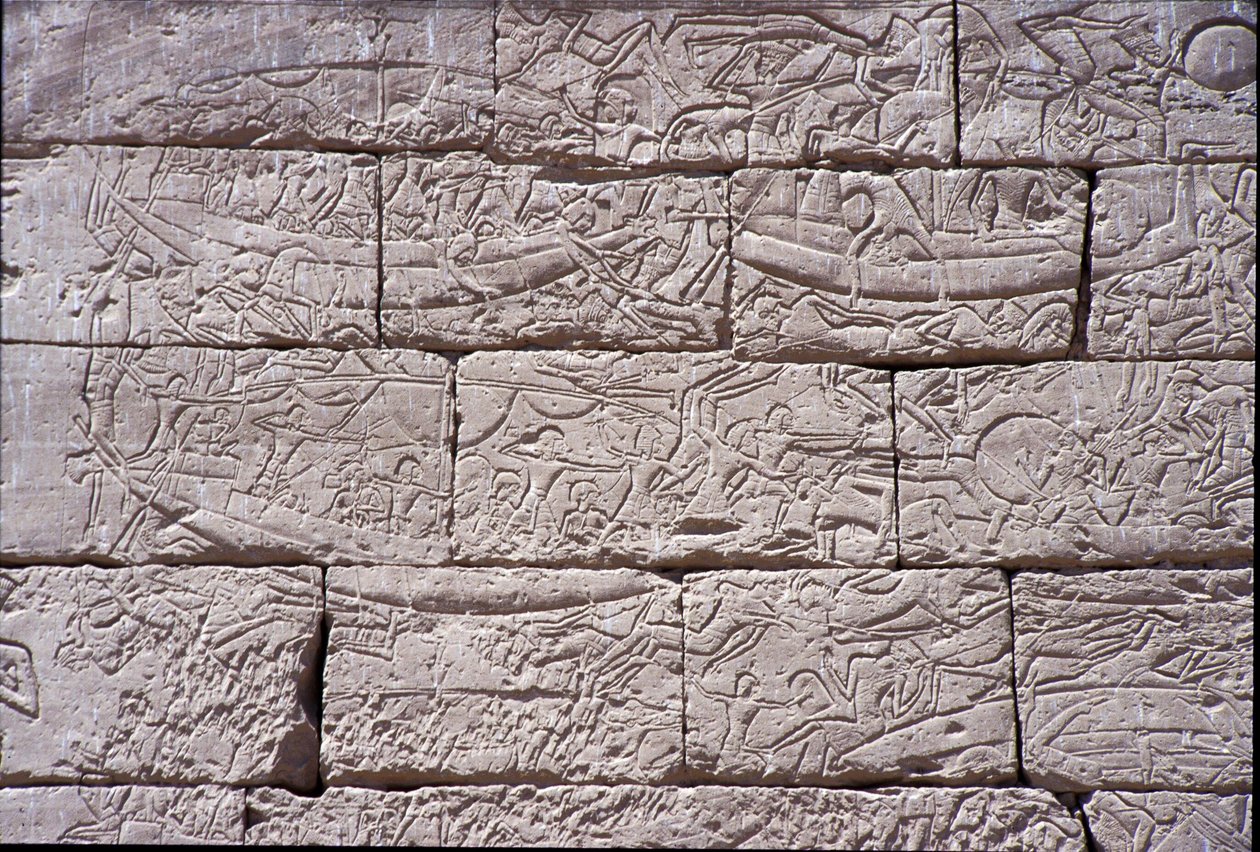 El Pueblo del Mar, Batalla Naval de Ramsés III, Medinet Habu, 1195-64 a.C. de Egyptian 20th Dynasty