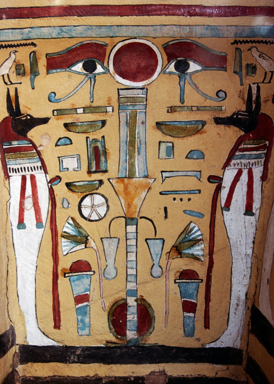 Anubis momia, detalle decorativo del sarcófago de Ankh-ef-en-Khonsu de Egyptian 21st Dynasty