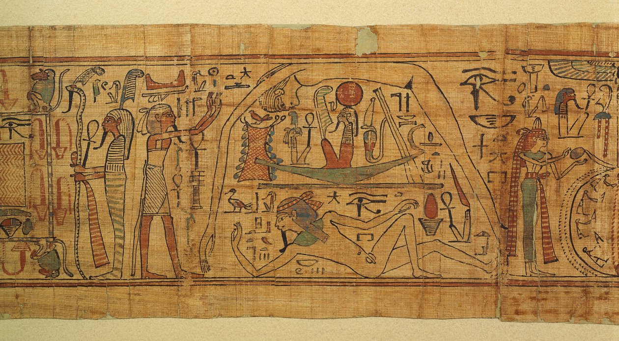 Libro de imágenes mitológicas de Nespakachuty, la separación del cielo y la tierra con la barca solar de Egyptian 21st Dynasty