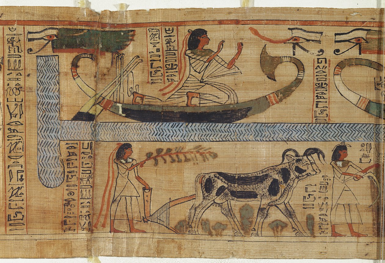 Detalle del Libro de los Muertos del sacerdote Aha-Mer que representa una barca y una escena de agricultura, Tercer Período Intermedio de Egyptian 21st Dynasty