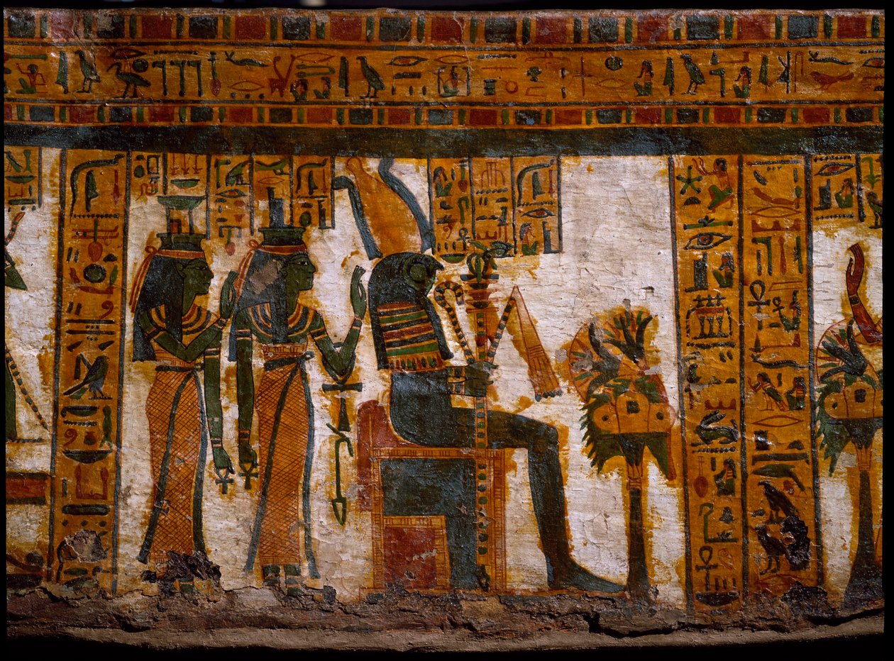 Antigüedad egipcia: las divinidades Isis y Neftis adorando a Osiris. Sostienen llaves de la vida en forma de cruz ansada (Ankh). Decoración del sarcófago antropoide del escriba Butehamon, dinastía XXI (1085-935 a.C.). Museo Egipcio de Turín de Egyptian 21st Dynasty