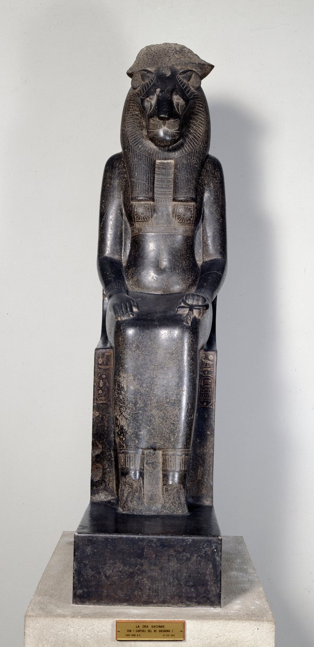 Antigüedad egipcia: la deidad leona Sekhmet con el cartucho del rey Sheshonq I. Estatua de granito negro. 950-929 a.C. Turín, museo egipcio de Egyptian 22nd Dynasty