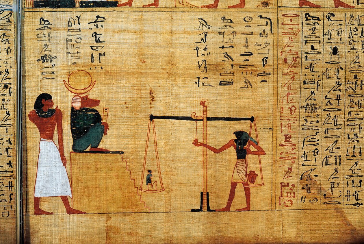 Papiro mitológico de Imenemsauf, jefe de los portadores de Amón. Detalle: pesaje del alma ante el dios babuino Thot. de Egyptian 22nd Dynasty