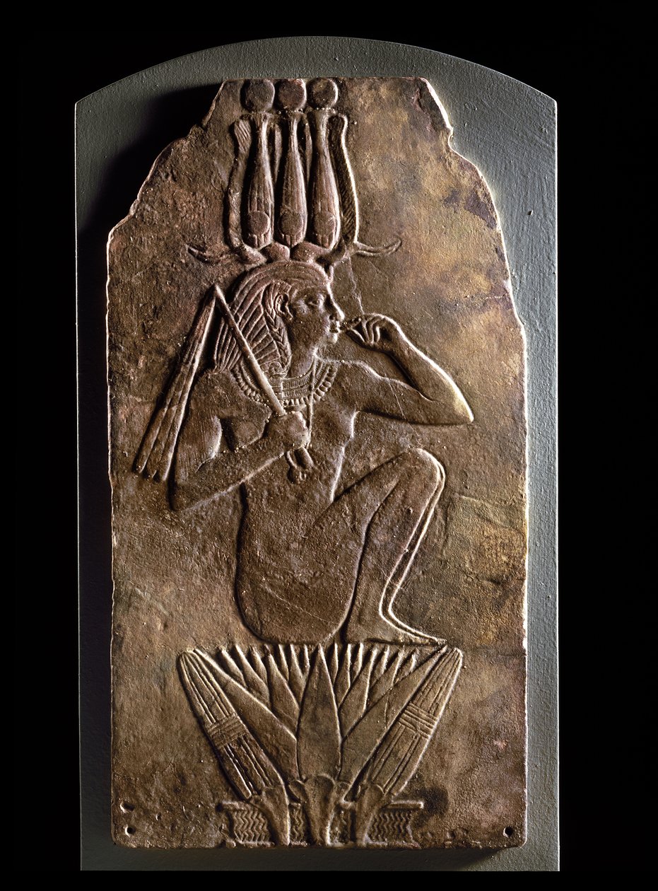 Placa de Iuput II como dios-niño emergiendo de la flor de loto de Egyptian 23rd Dynasty