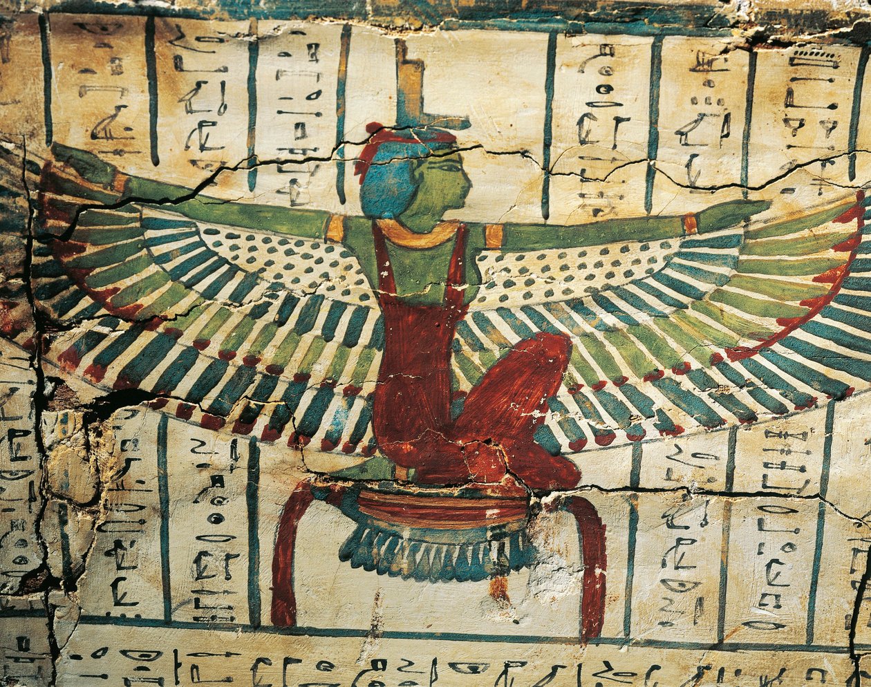 Madera pintada y lacada, representando a la diosa Isis con las alas desplegadas, en el sarcófago de Cesraperet de Tebas Occidental de Egyptian 25th Dynasty