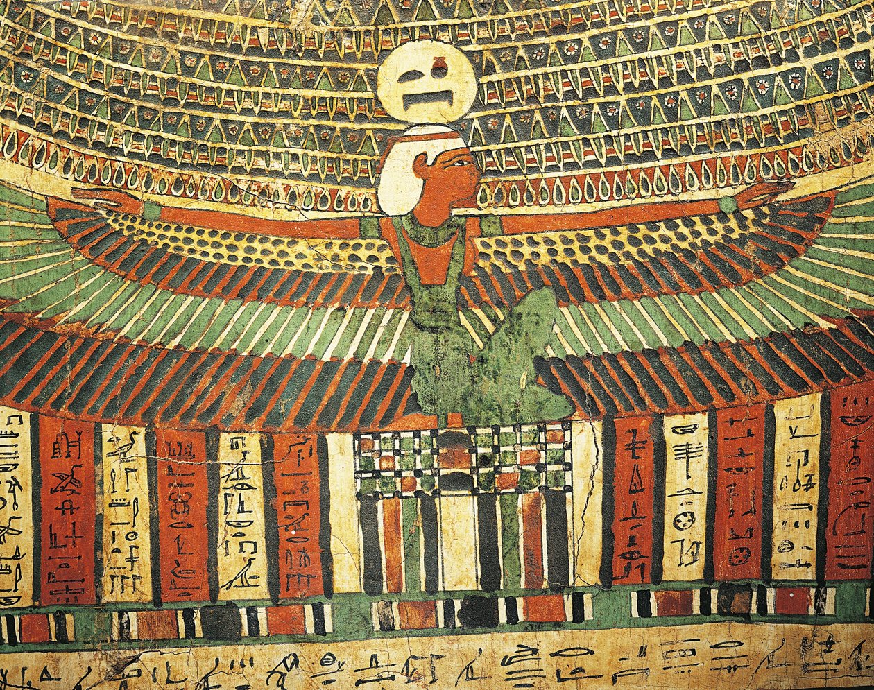 Madera enlucida y pintada que representa a la diosa Nut protegiendo la falsa puerta que conduce a la otra vida, procedente del sarcófago de Tashakheper, Tebas. de Egyptian 26th Dynasty