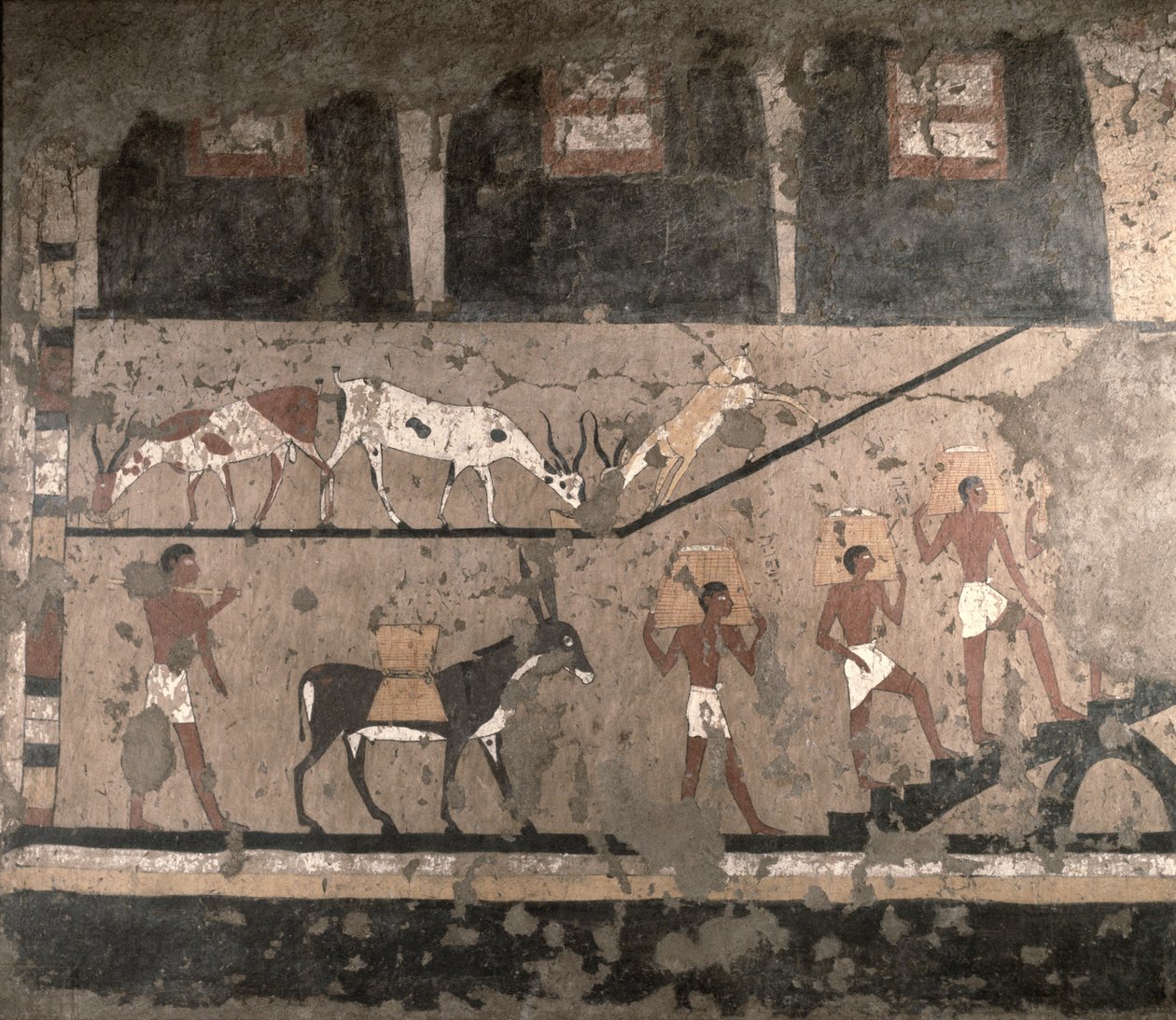 Escena agrícola, pintura mural removida de la Mastaba de Ti en Saqqara, Reino Antiguo, c.2494-2345 a.C. de Egyptian 5th Dynasty