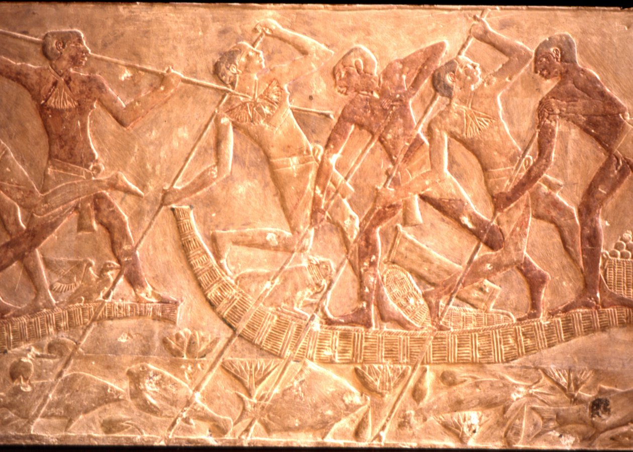Hombres pescando con lanzas desde un bote de papiro, Tumba de Ptah-Hotep, 5ª Dinastía (foto) de Egyptian 5th Dynasty