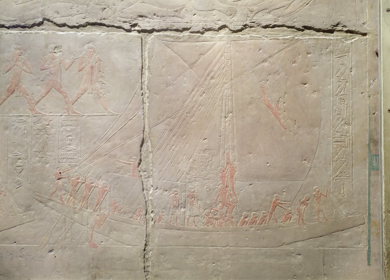 Relieve que representa un viaje en barco, del Mastaba de Akhethotep, Reino Antiguo, c.2400 a.C. de Egyptian 5th Dynasty