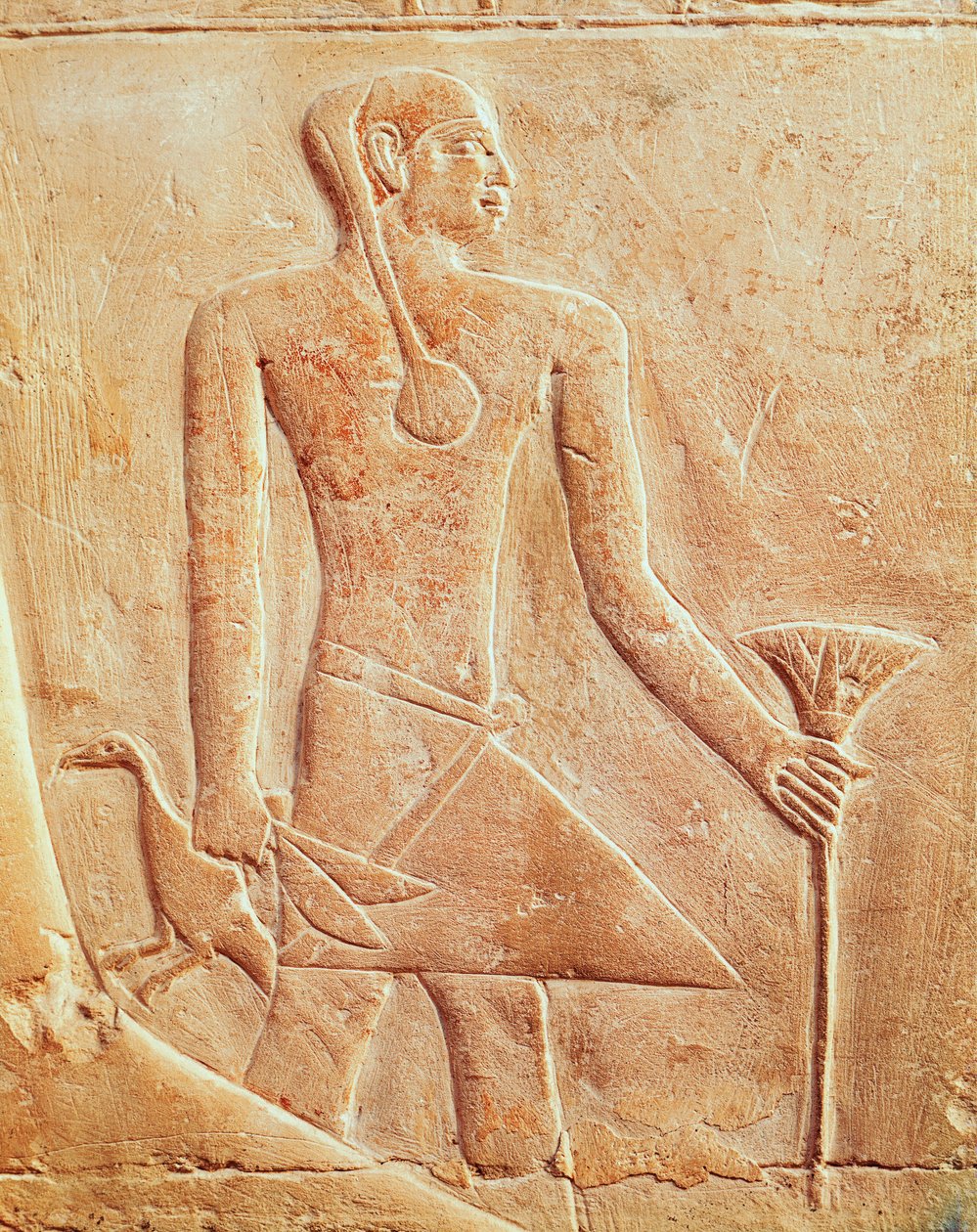 Sirviente y pájaro, relieve de Egyptian 5th Dynasty