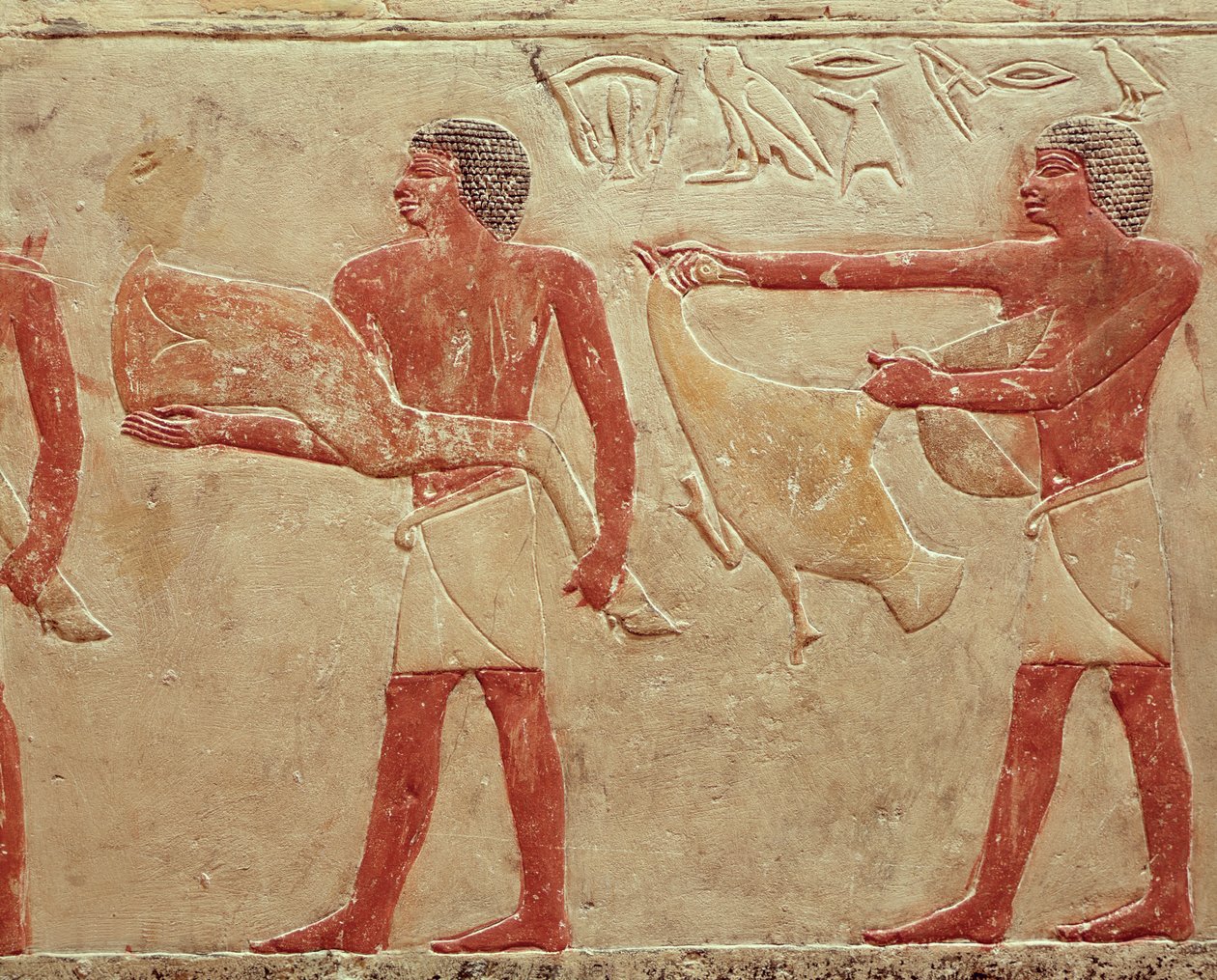 Relieve que representa sirvientes llevando un cuarto de res y un pato, de la Tumba de la Princesa Idut, Reino Antiguo, c.2330 a.C. de Egyptian 6th Dynasty