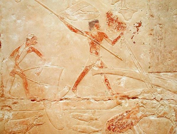 Relieve que representa la pesca con red y el arpón a un hipopótamo, de la tumba de la princesa Idut, Reino Antiguo, c.2330 a.C. de Egyptian 6th Dynasty Egyptian 6th Dynasty