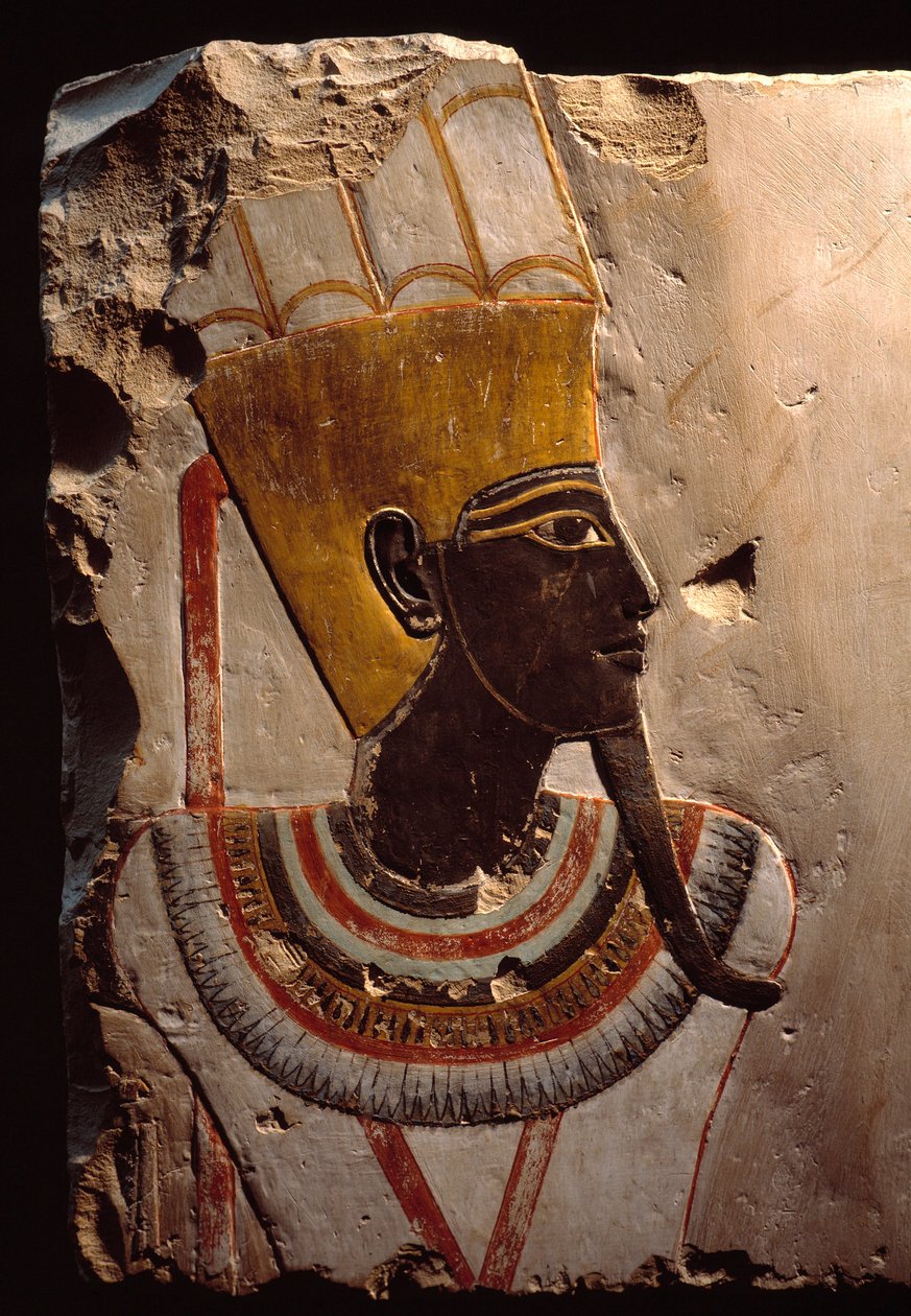 Antigüedad egipcia: detalle de una pintura en piedra caliza que representa al dios de la fertilidad Amón Min (Amon-Min). Luxor, Museo de Arte Egipcio de Egyptian Egyptian