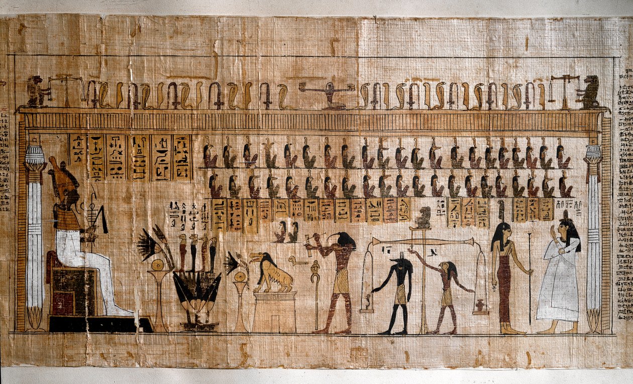 Antigüedad egipcia: la pesaje de las almas (psicostasis). Papiro de un Libro de los Muertos. Turín, Museo Egipcio de Egyptian Egyptian