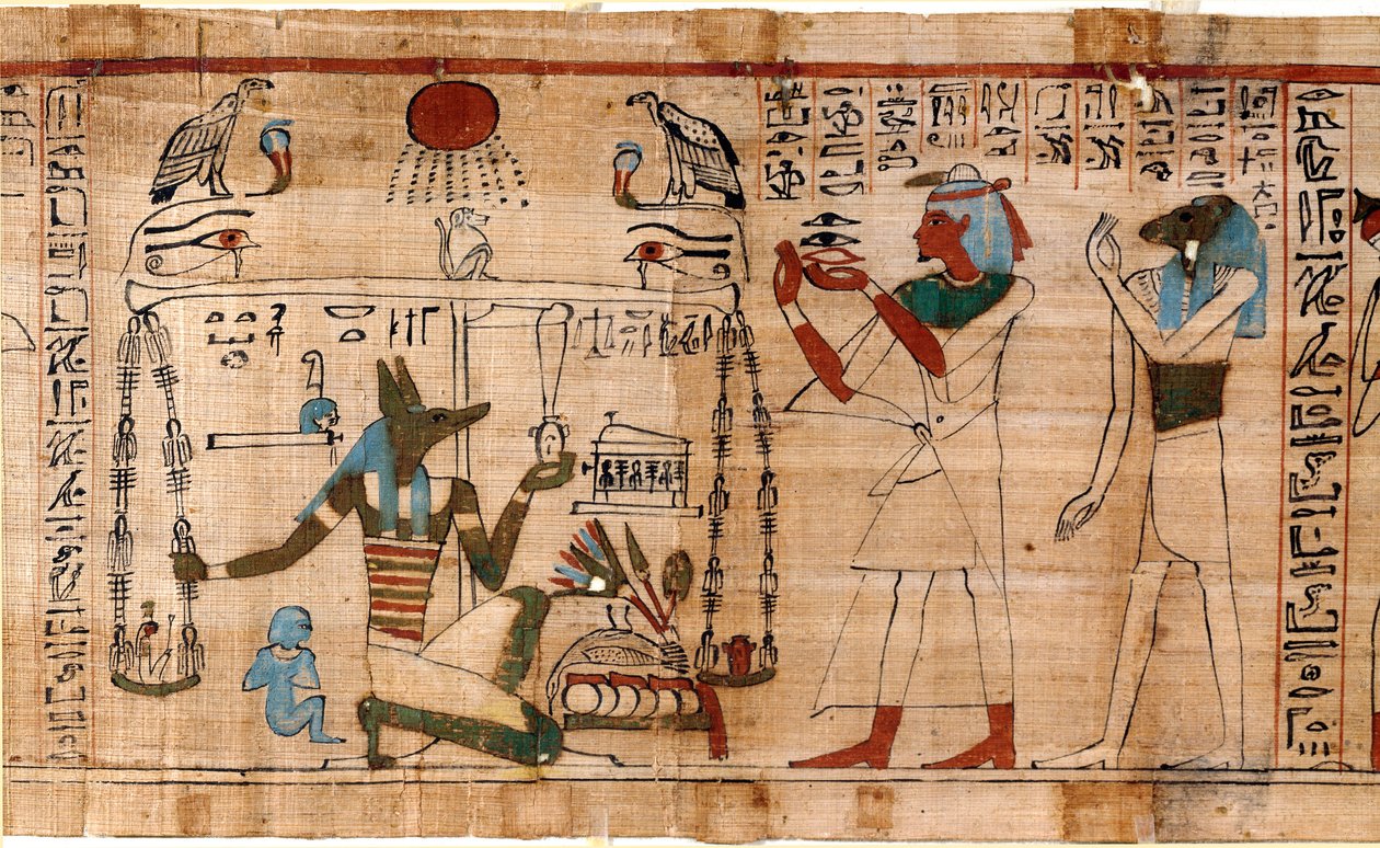 Antigüedad egipcia: el pesaje del alma - Detalle del Libro de los Muertos, papiro conservado en el Museo Egipcio de Turín, Italia de Egyptian Egyptian