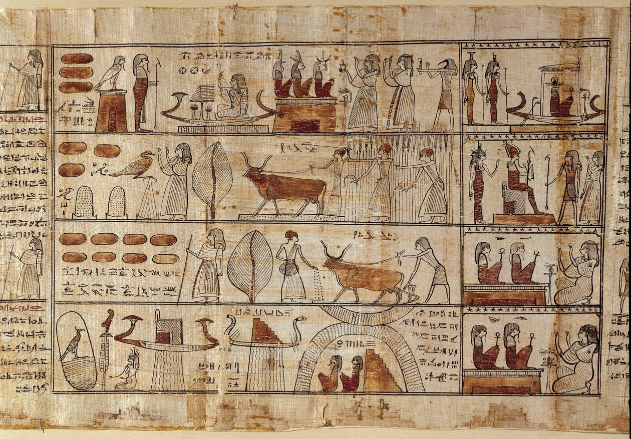 Antigüedades egipcias: los campos Elíseos. Pintura en papiro del Libro de los Muertos. Período Ptolemaico. Museo Egipcio de Turín de Egyptian Ptolemaic Period