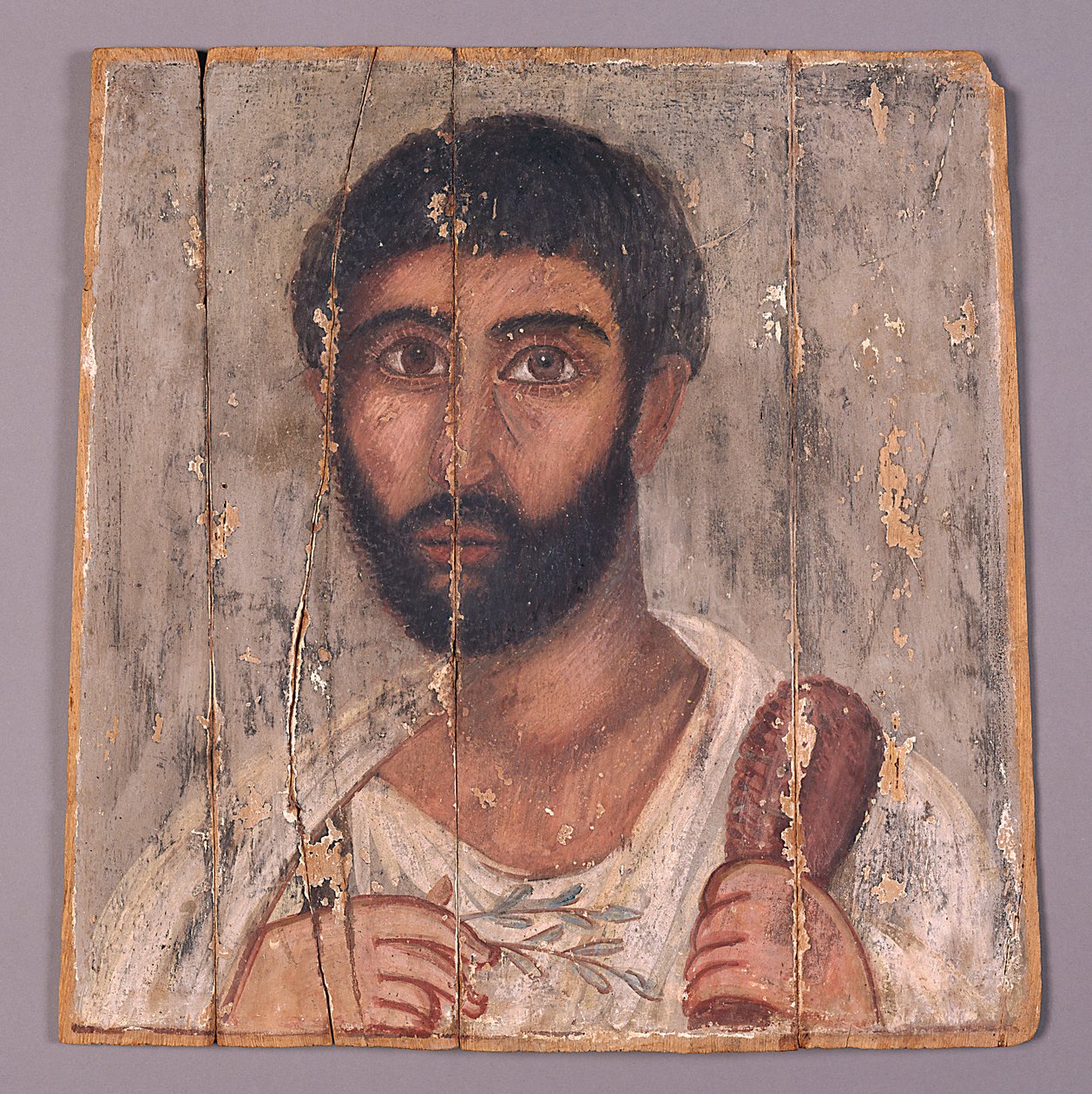 Retrato de hombre barbudo de un santuario, c.100 d.C. (temple sobre madera) de Egyptian School