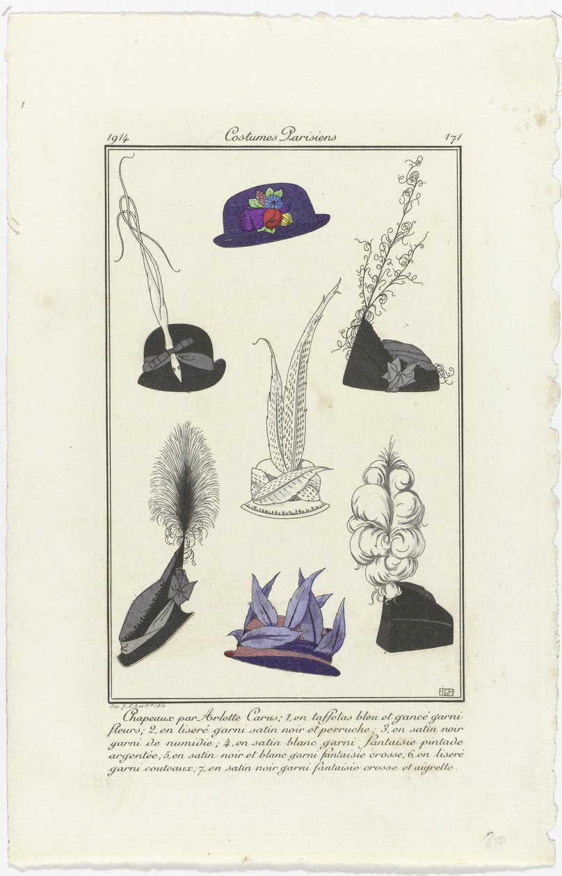 Accesorios
Journal des Dames et des Modes, Costumes Parisiens, 1914, nº 171: Sombreros de Arlett (...) de Eiger
