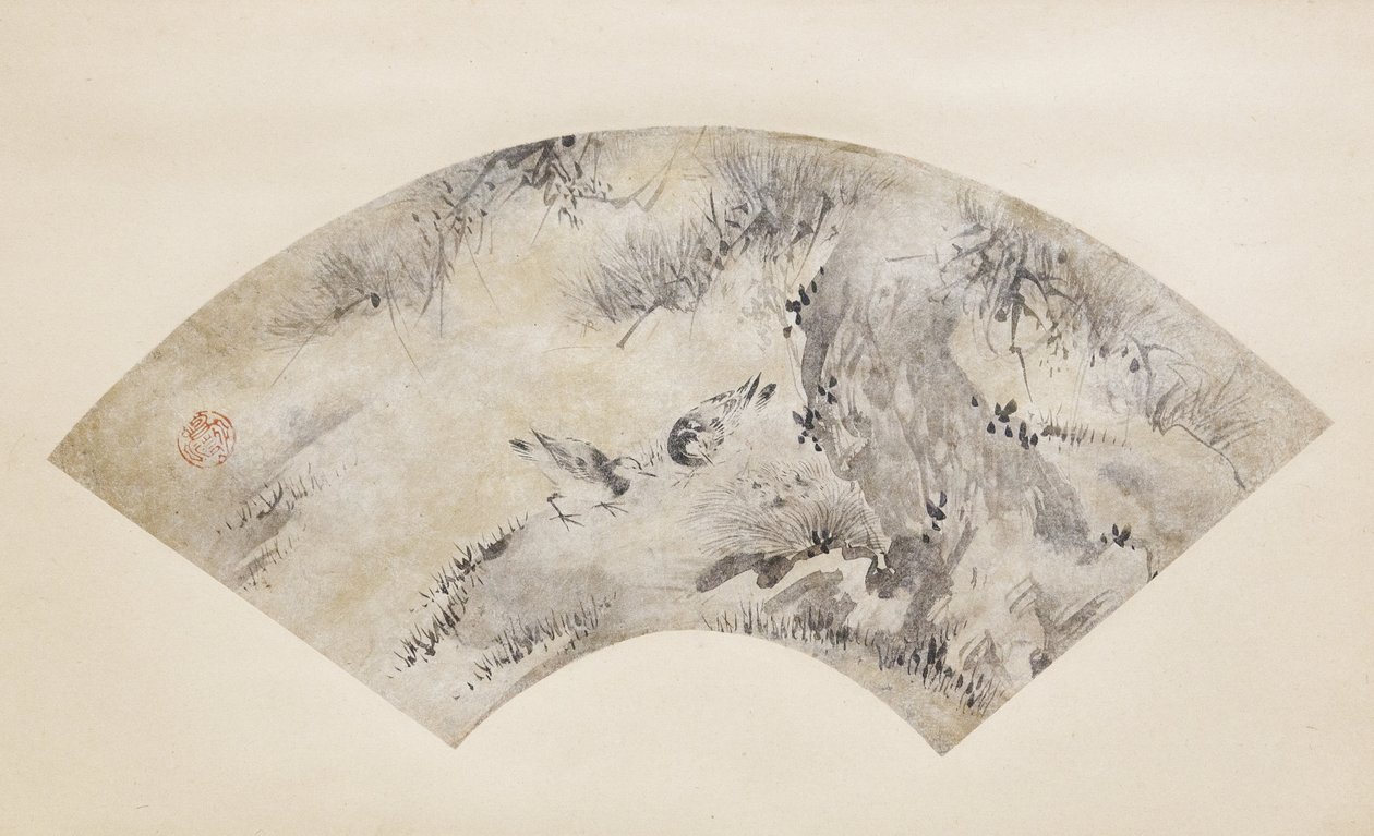 Pájaros y pino, hacia 1570-1590 (tinta y oro sobre papel) de Eitoku Kano