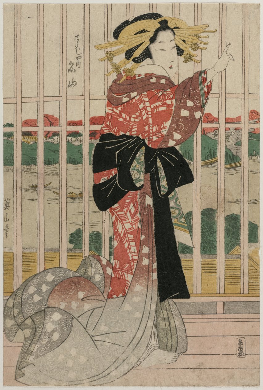 La cortesana Meizan del Chojiya en un balcón con vista al río Sumida, c. principios o mediados de 1820 de Kikugawa Eizan