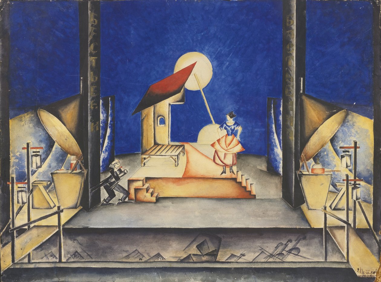 Diseño de escenario para la ópera Bastien und Bastienne de W. A. Mozart, 1925 de Ekaterina Petrova Troitskaya