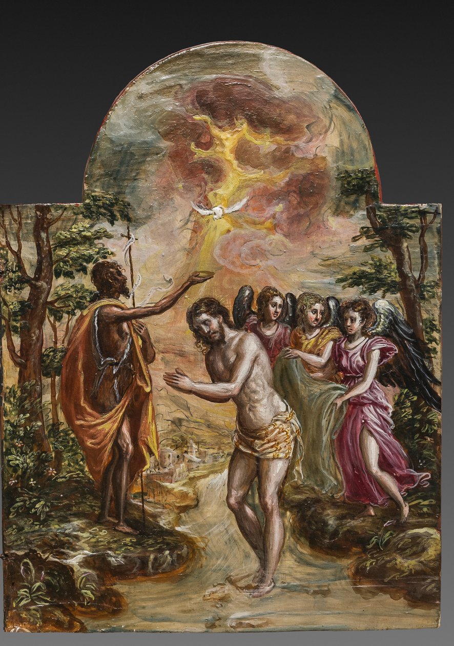 Altar portátil: panel de la puerta derecha que representa el Bautismo de Cristo, detalle de 2384586 (temple grassa sobre panel) de El Greco