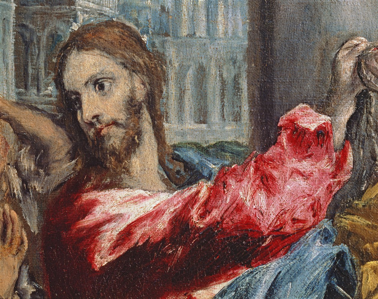 Cristo Expulsando a los Mercaderes del Templo, (detalle) de Cristo, c.1600 de El Greco