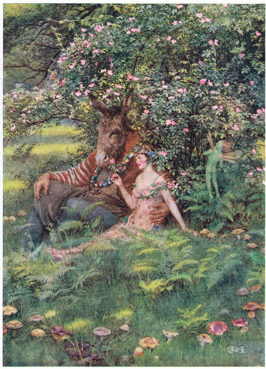 Bottom y Titania: "Ven a sentarte en este lecho florido" (litografía) de Eleanor Fortescue Brickdale